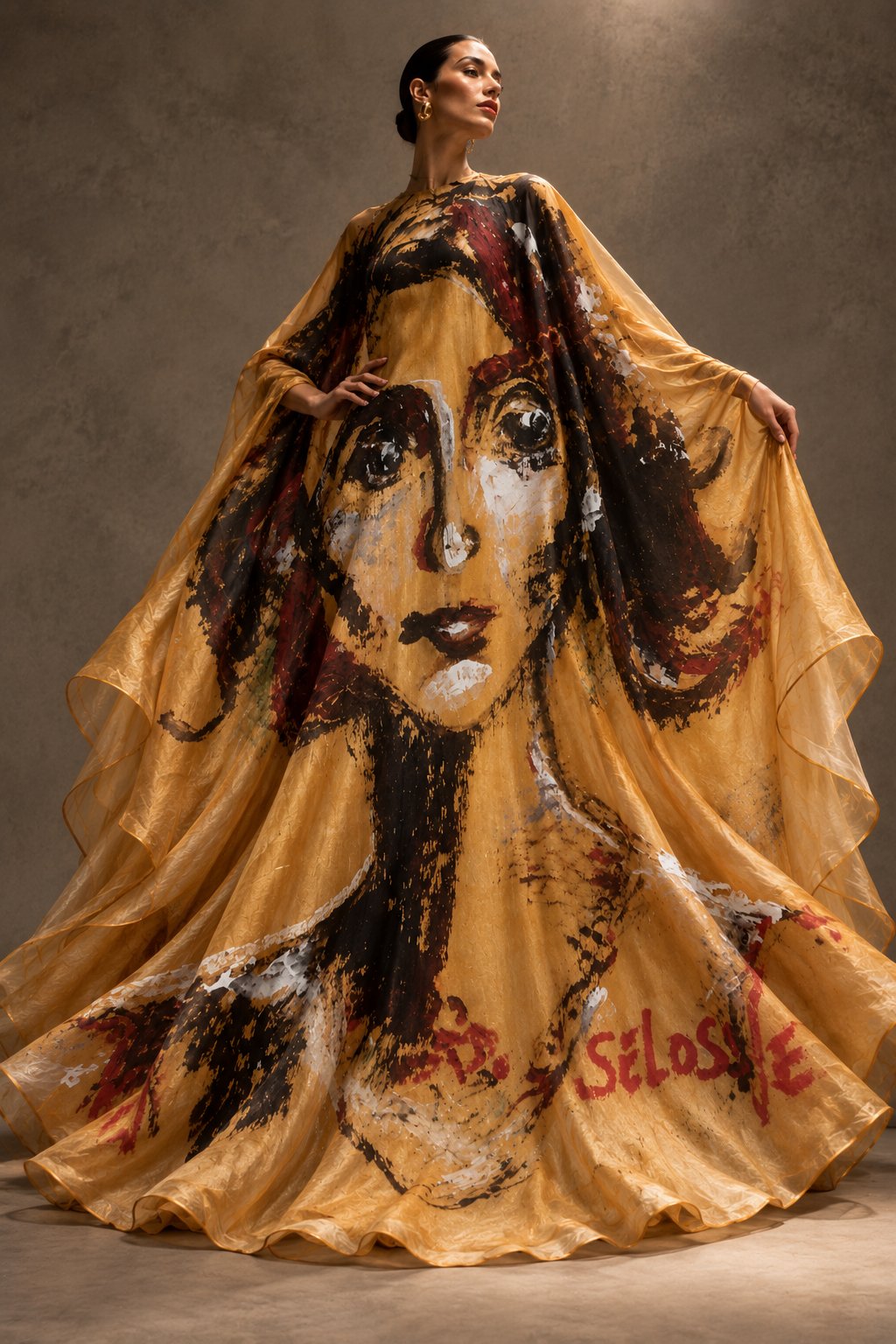 Yael – Robe-Cape Haute Couture Peinte en Soie Dorée signé Selosse - Brussels Share Its Ar