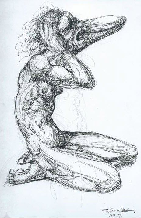 "Cri", dessin au crayon - Claude Hardenne - Artiste dessinateur belge