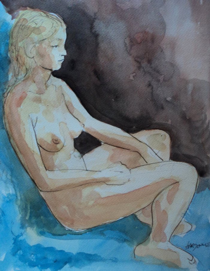 Femme assise dans atelier, étude de nu classique, d'après modèle par Claude Hardenne