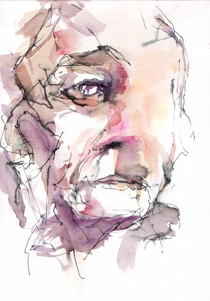 Portrait expressionniste aquarelle et encre