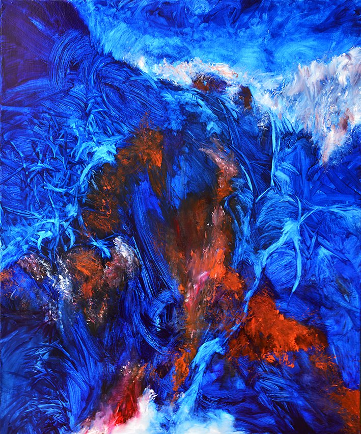 Montagne bleu, technique mixte sur toile, paysage, neige, roches,