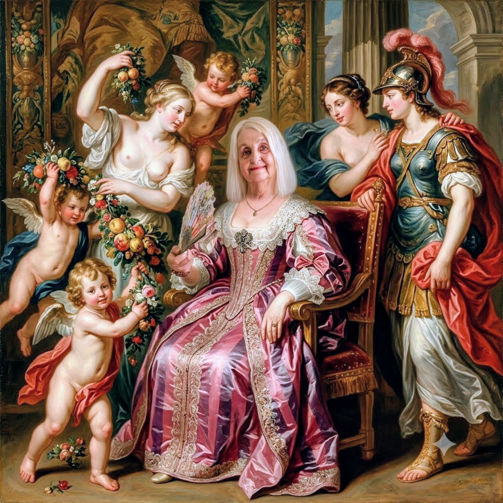 Portrait allégorique de femme noble entourée de figures mythologiques