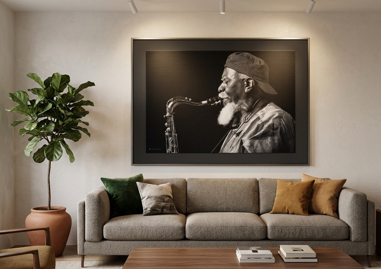 Sigmund Katz Photo - Jazz in Black & White - Jazzman Pharoah Sanders — mise en situation Salon Moderne — Sigmund Katz, Bruxelles, Belgique