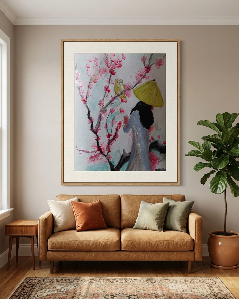 La belle japonaise parmi les fleurs de cerisier - peinture de l'artiste bruxelloise Nicole De Pauw — mise en situation Salon Moderne — Nicole De Pauw, Bruxelles, Belgique