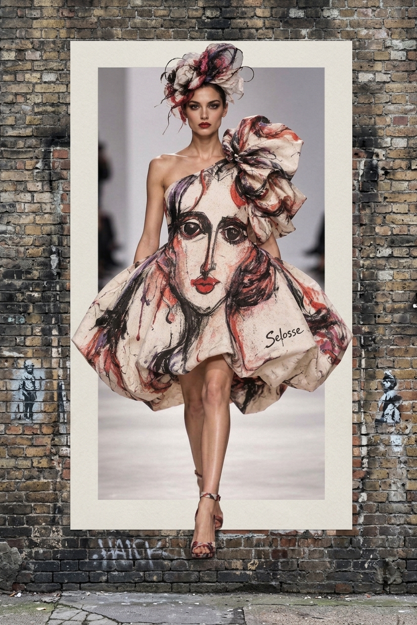 « Diva » – Robe Haute Couture Peinte & Signée Selosse  – Robe Défilé Selosse - Art et Mode Bruxelles — mise en situation Mur en Briques — Jérôme Selosse, Bruxelles, Belgique