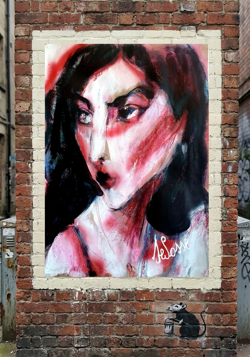 Portrait expressionniste Dora Maar (Photographe Surréaliste) — mise en situation Mur en Briques — Jérôme Selosse, Bruxelles, Belgique