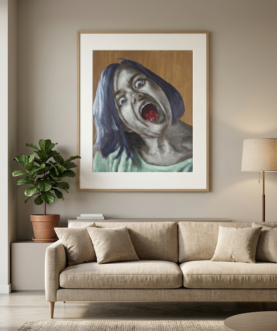 SILLY CLOWN PROJECT - Peinture par VKanello - portrait expressionniste clown belgique — mise en situation Salon Moderne — VKanello, Lessines, Belgique