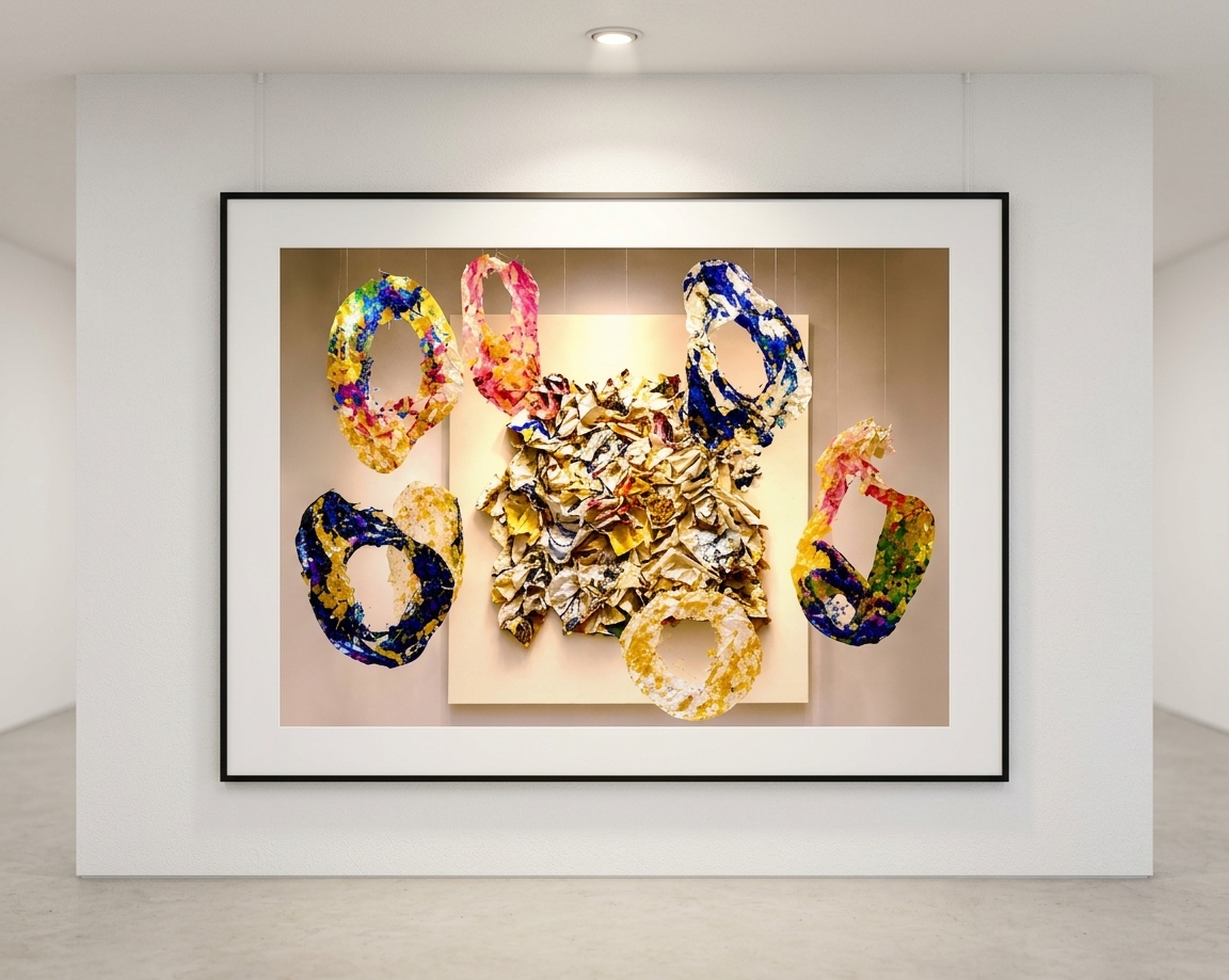 Saloua Sahiri - installation immersive où la matière froissée devient mémoire, souffle et lumière — mise en situation Galerie d'Art — Saloua Sarhiri, Bruxelles