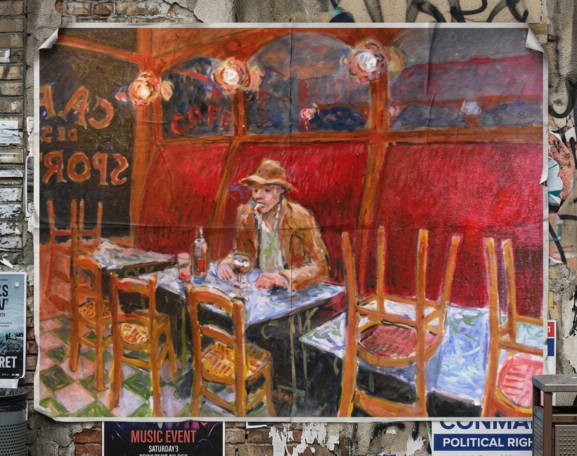 Le dernier client - café des sports - Peinture à l'huile de Claude Hardenne - Namur — mise en situation Affiche Urbaine — Claude Hardenne, Namur, Belgique