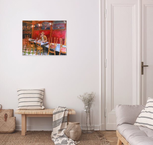 Le dernier client - café des sports - Peinture à l'huile de Claude Hardenne - Namur — mise en situation Importé — Claude Hardenne, Namur, Belgique
