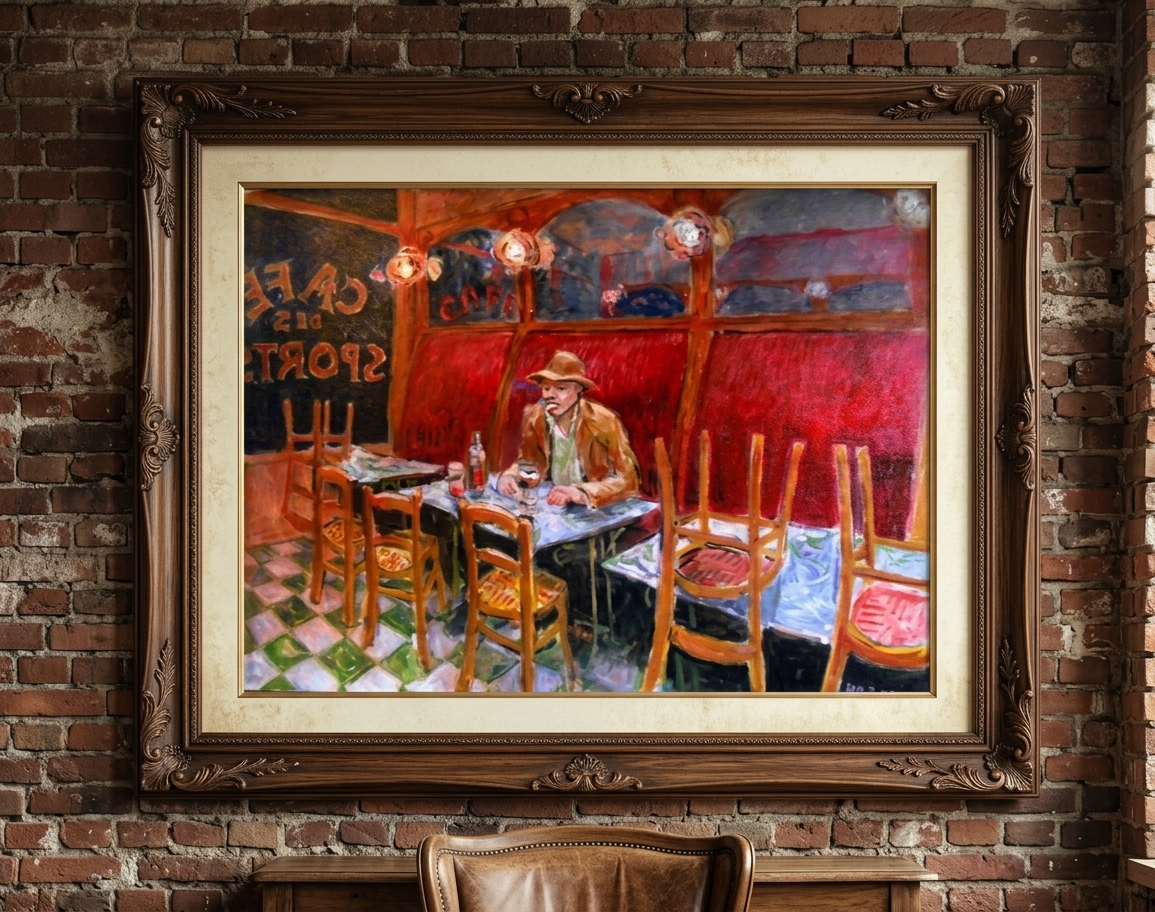 Le dernier client - café des sports - Peinture à l'huile de Claude Hardenne - Namur — mise en situation Intérieur Vintage — Claude Hardenne, Namur, Belgique
