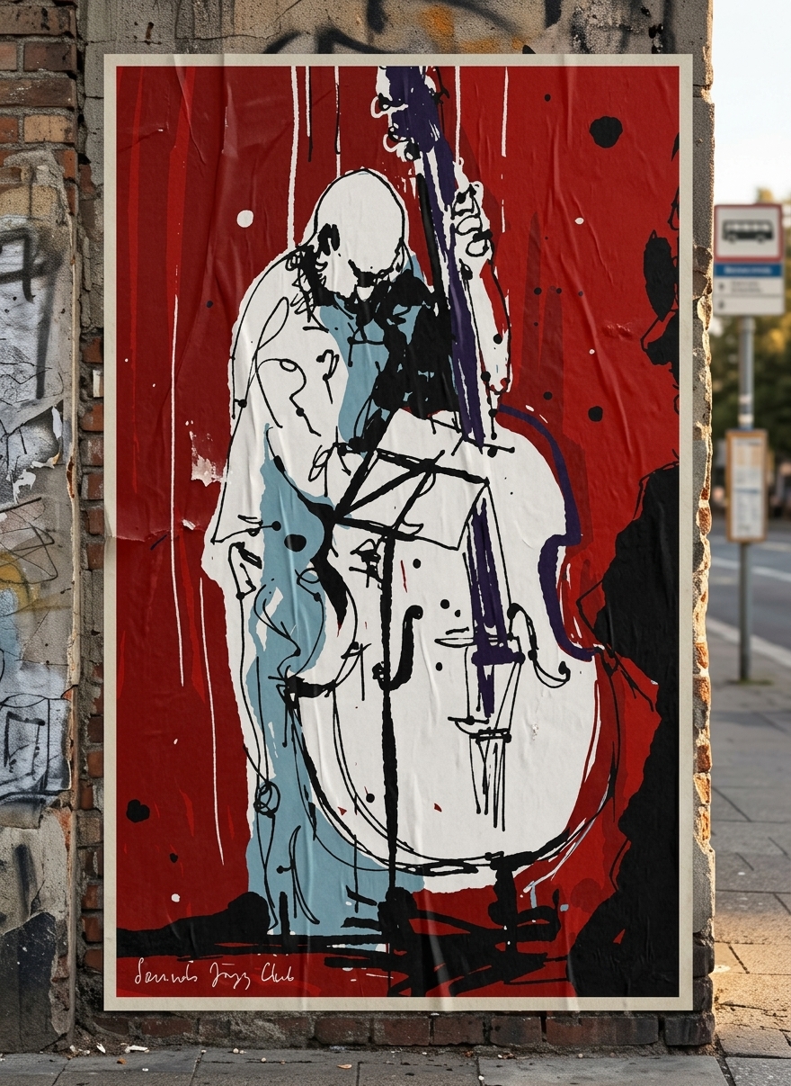 Sounds Jazz Club - sketch by Véronique Hariga - Illustratrice Ixelles — mise en situation Affiche Urbaine — Véronique Hariga, Bruxelles, Belgique