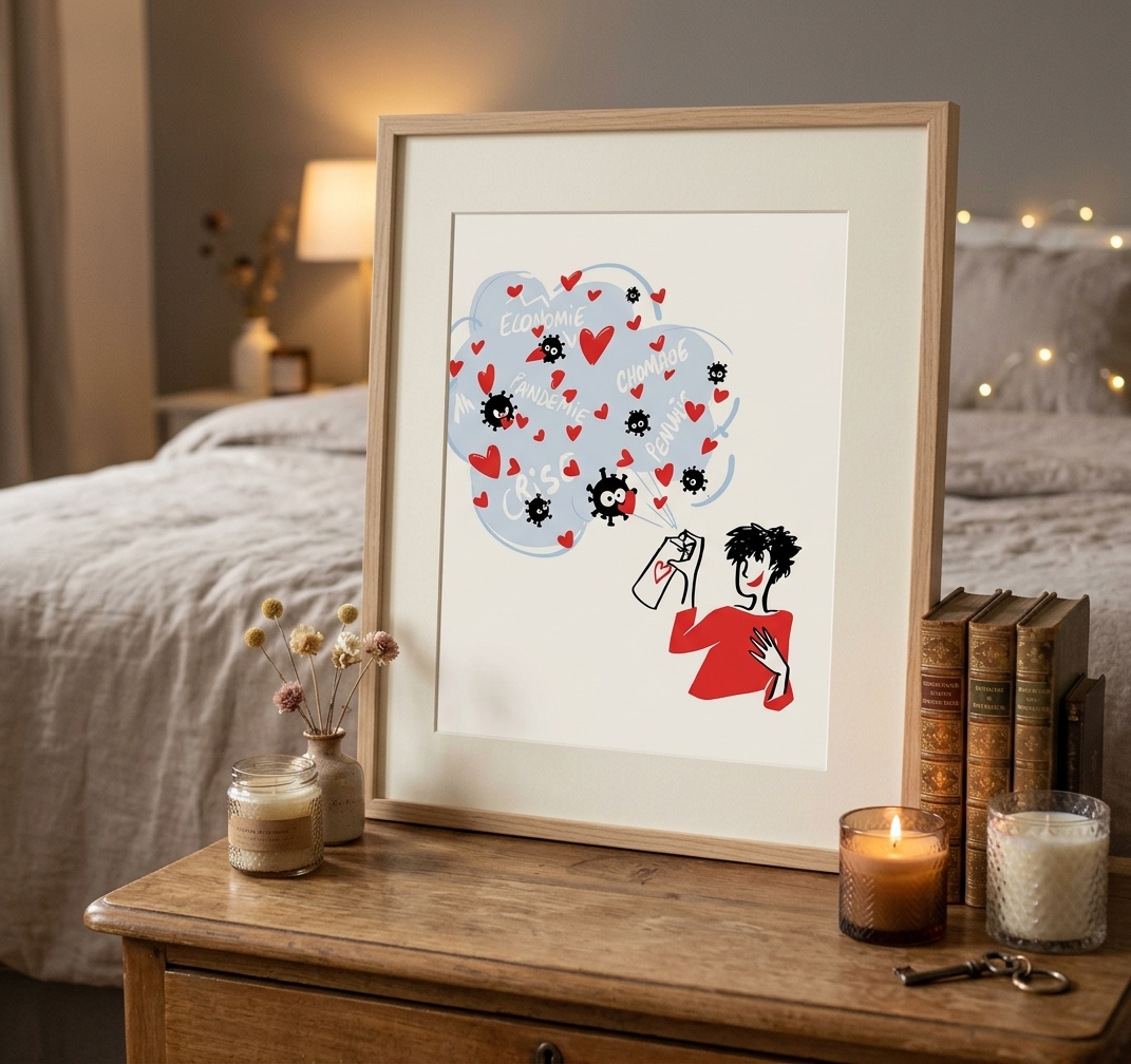 Véronique Hariga - "Contre la peur je choisi l'Amour" - Illustratrice bruxelloise. — mise en situation Chambre Cosy — Véronique Hariga, Bruxelles, Belgique