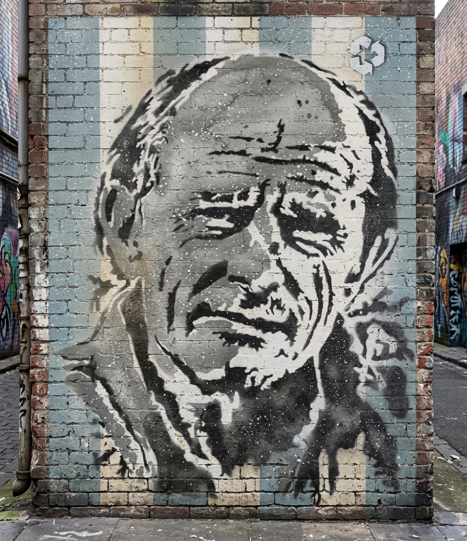 Portrait urbain "Jean-Louis Etienne" par Damien-Paul Gal - Artiste bruxellois — mise en situation Mur en Briques — Damien-Paul Gal, Bruxelles, Belgique