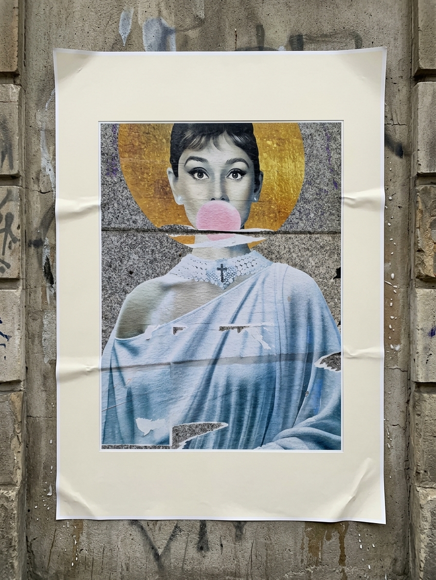 Portrait pop iconique - Audrey Hepburn au chewing-gum par Pierre Agache — mise en situation Affiche Urbaine — Pierre Agache, Bruxelles, Belgique