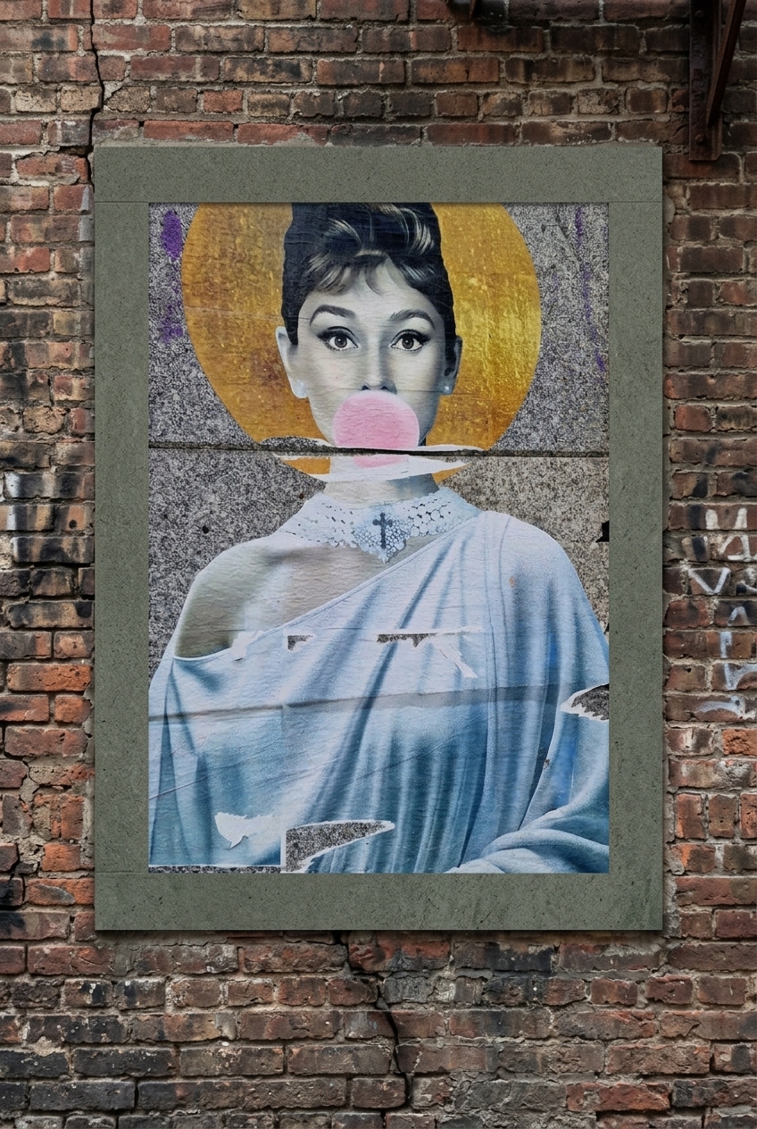 Portrait pop iconique - Audrey Hepburn au chewing-gum par Pierre Agache — mise en situation Mur en Briques — Pierre Agache, Bruxelles, Belgique