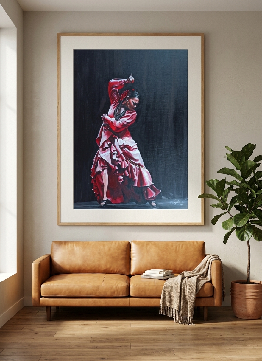 Flamenco 2, Peinture de l'artiste peintre belge Magali Drugmand — mise en situation Salon Moderne — Magali Drugmand, Binche, Belgique