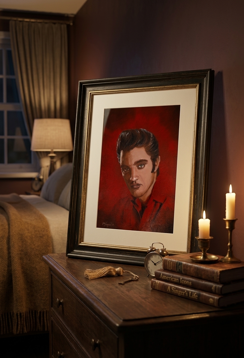 Portrait d'Elvis Presley par Magali Drugmand - série portrait figuratif — mise en situation Chambre Cosy — Magali Drugmand, Binche, Belgique