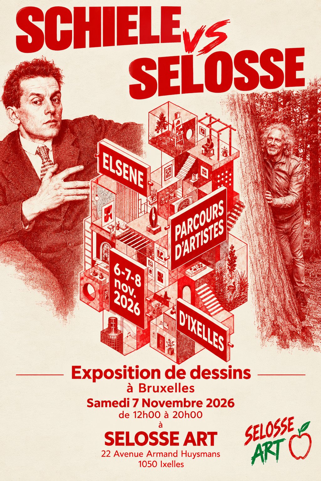 Affiche rouge « Schiele vs Selosse » aux couleurs du Parcours d'Artistes d'Ixelles (Elsene), 6-7-8 novembre 2026.

Variante de l'affiche, entièrement en rouge : Egon Schiele à gauche, Jérôme Selosse appuyé à un arbre à droite, et au centre l'emblème du Parcours d'Artistes d'Ixelles. Le logo SELOSSE ART, à la pomme verte, signe le bas de l'affiche.

À voir le samedi 7 novembre 2026, de 12h à 20h, chez SELOSSE ART, 22 avenue Armand Huysmans, 1050 Ixelles — journée « Schiele vs Selosse » du Parcours d'Artistes d'Ixelles. Entrée libre.

🎨 Jérôme Selosse sur DROPMUSE : https://dropmuse.art/artiste/jerome-selosse-artiste-numerique-dessinateur-bruxelles
🌐 Son site : https://www.selosse.art
📍 Parcours d'Artistes d'Ixelles 2026 : https://dropmuse.art/evenement/parcours-dartistes-dixelles-2026-ateliers-ouverts-creation-locale-ixelles-ixelles-bruxelles
