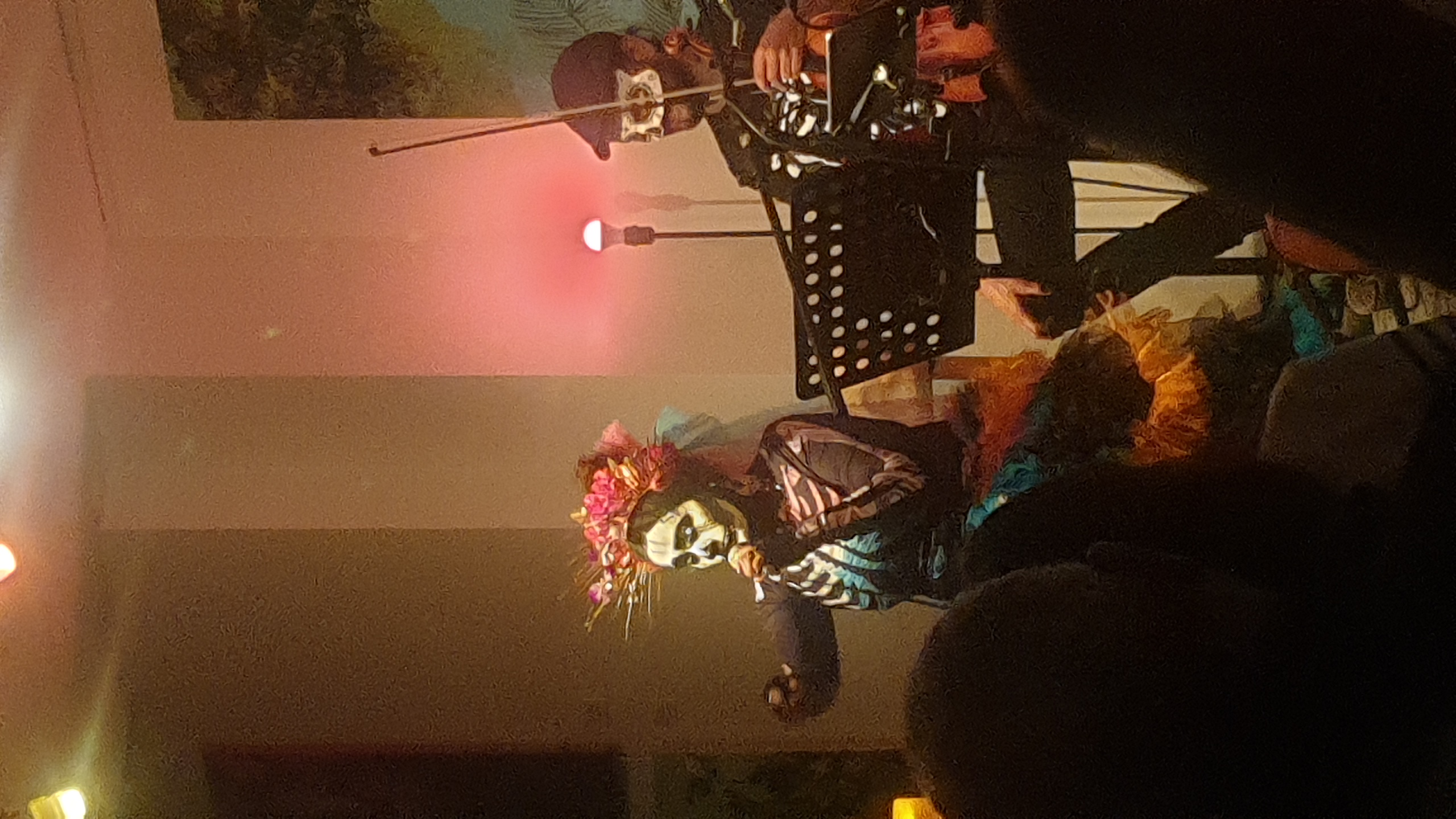 Silvia Abalos portant maquillage squelette blanc et couronne de fleurs roses, assis sur scène avec musicien jouant du violoncelle, ambiance rose chaude, audience au premier plan.