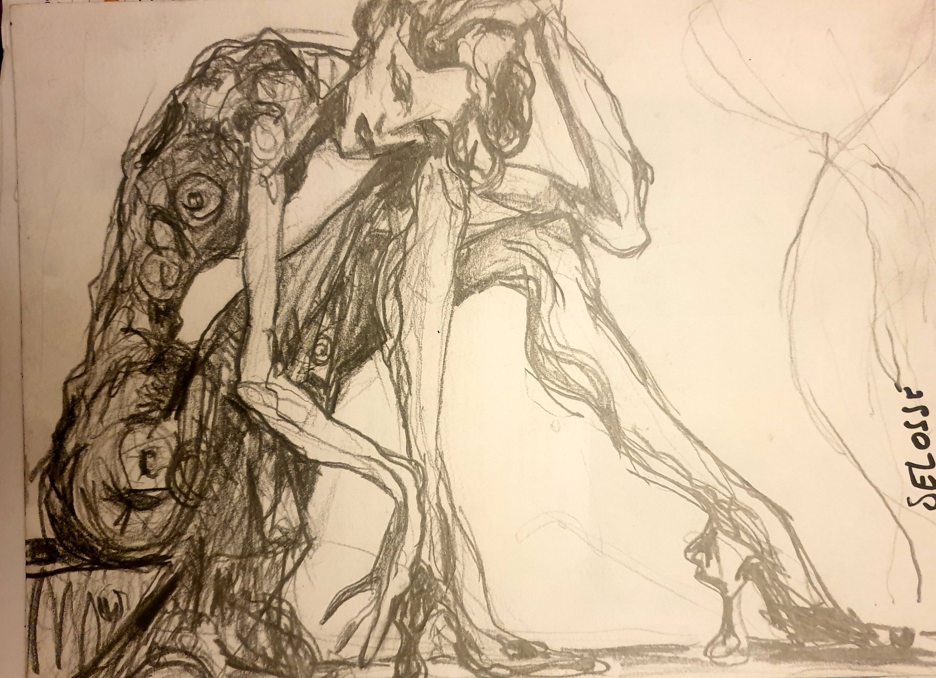 Corps enlacés au crayon graphite, dessin signé Selosse dans l'esprit des étreintes d'Egon Schiele.

Deux corps, ou un seul dédoublé, s'enlacent dans un réseau de lignes au graphite, jambes et bras emmêlés comme des racines. La ligne tremble, revient, s'épaissit : un dessin de tension et d'étreinte, proche des couples de Schiele.

À voir le samedi 7 novembre 2026, de 12h à 20h, chez SELOSSE ART, 22 avenue Armand Huysmans, 1050 Ixelles — journée « Schiele vs Selosse » du Parcours d'Artistes d'Ixelles. Entrée libre.

🎨 Jérôme Selosse sur DROPMUSE : https://dropmuse.art/artiste/jerome-selosse-artiste-numerique-dessinateur-bruxelles
🌐 Son site : https://www.selosse.art
📍 Parcours d'Artistes d'Ixelles 2026 : https://dropmuse.art/evenement/parcours-dartistes-dixelles-2026-ateliers-ouverts-creation-locale-ixelles-ixelles-bruxelles
