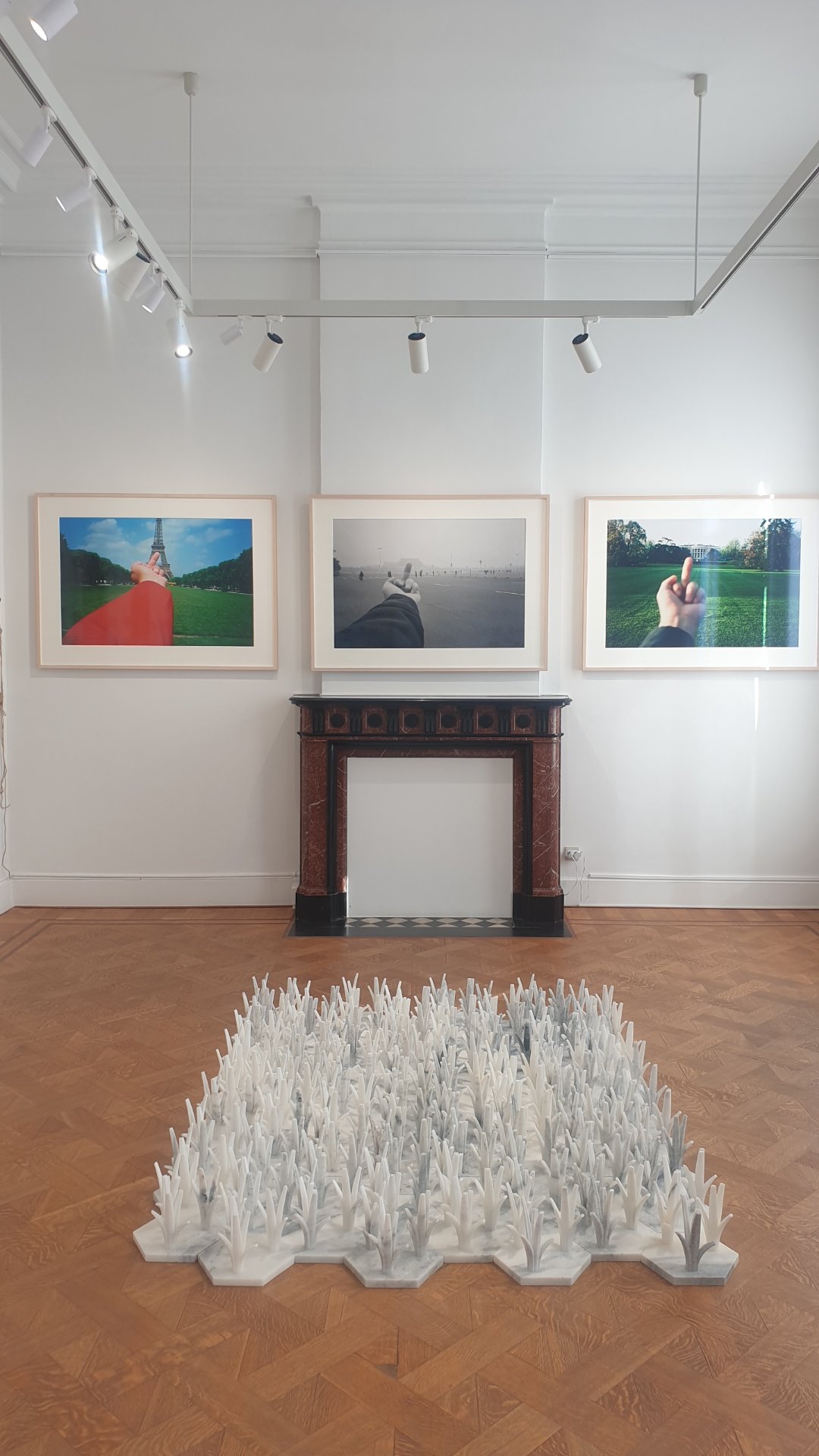 Vue d'ensemble de l'espace de la Patrick Derom Gallery à Bruxelles, où trônent au-dessus de la cheminée d'époque les célèbres tirages de la série « Study of Perspective » d'Ai Weiwei, surplombant l'installation de marbre au parquet. Ce bras d'honneur iconoclaste pointé vers les hauts lieux de pouvoir et d'histoire résonne puissamment dans cet intérieur bruxellois classique. Une mise en scène saisissante découverte par le peintre expressionniste Jérôme Selosse ( https://dropmuse.art/artiste/jerome-selosse-artiste-numerique-dessinateur-bruxelles ) en compagnie de l'artiste Txema Muñoz ( https://texemamunoz.art et https://dropmuse.art/artiste/txema-munoz ). Retrouvez toutes les archives et critiques d'art sur https://www.dropmuse.art

Photographie — Exposition Ai Weiwei - 'The Art of Defiance' - Patrick Derom Gallery Bruxelles