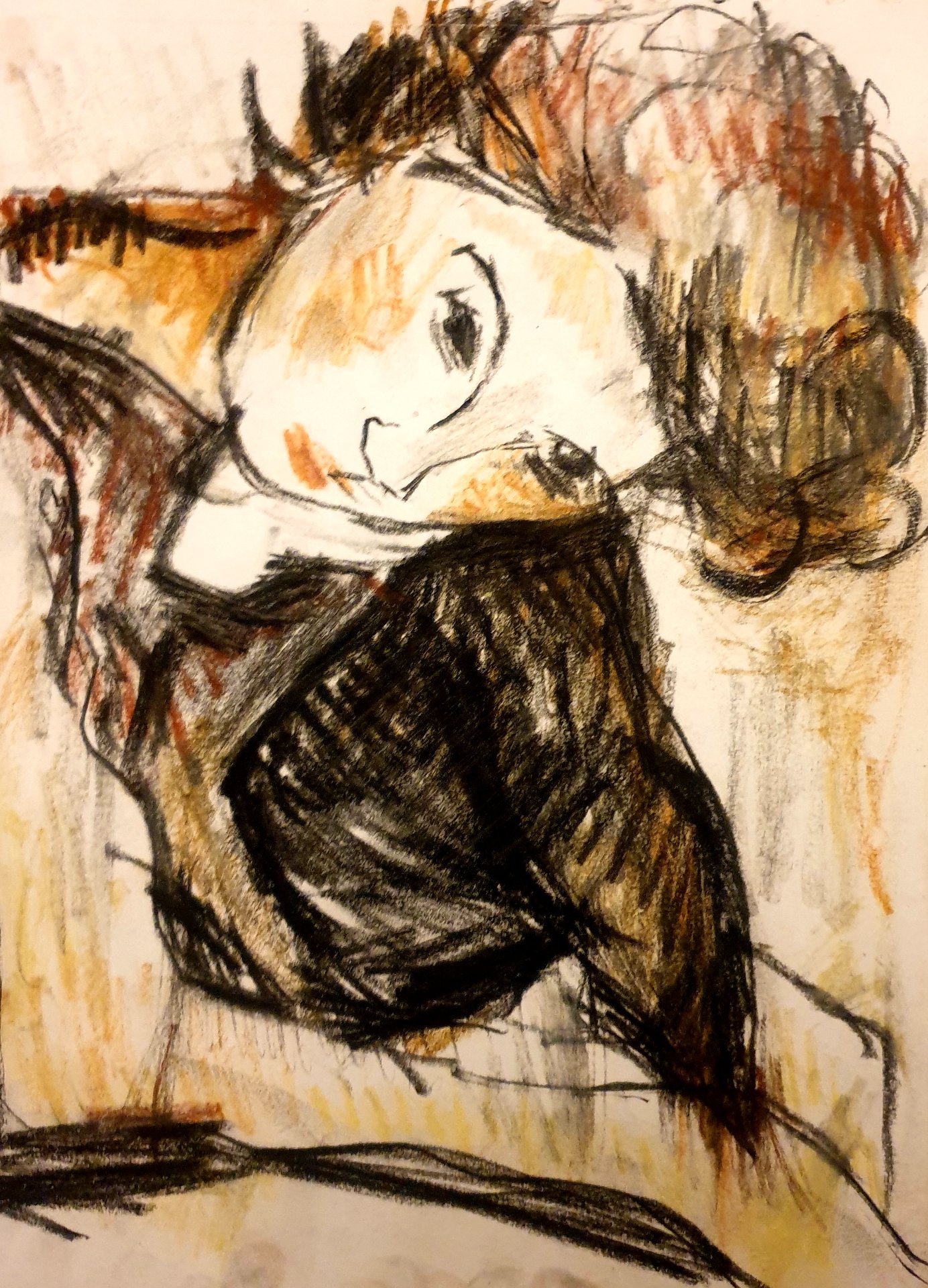 Femme accoudée à la tête penchée, fusain et pastel de Jérôme Selosse au cadrage serré, à la manière de Schiele.

Joue posée sur le bras, regard de biais, chevelure brune en désordre : la femme se replie dans un coin de la feuille. Le noir du vêtement, frotté au fusain, contraste avec la carnation claire et les touches orangées, un cadrage serré et décentré que Schiele affectionnait.

À voir le samedi 7 novembre 2026, de 12h à 20h, chez SELOSSE ART, 22 avenue Armand Huysmans, 1050 Ixelles — journée « Schiele vs Selosse » du Parcours d'Artistes d'Ixelles. Entrée libre.

🎨 Jérôme Selosse sur DROPMUSE : https://dropmuse.art/artiste/jerome-selosse-artiste-numerique-dessinateur-bruxelles
🌐 Son site : https://www.selosse.art
📍 Parcours d'Artistes d'Ixelles 2026 : https://dropmuse.art/evenement/parcours-dartistes-dixelles-2026-ateliers-ouverts-creation-locale-ixelles-ixelles-bruxelles
