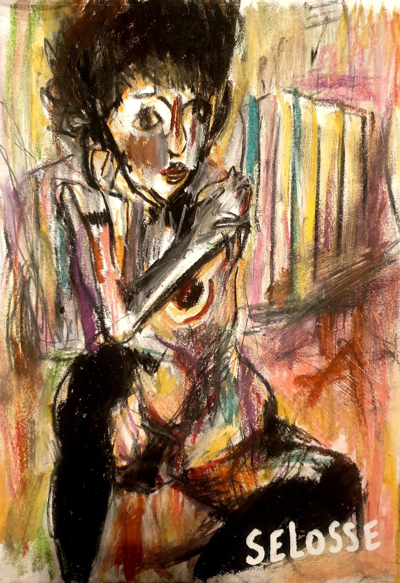 Femme assise aux bras croisés et aux grands yeux, pastel gras signé Selosse, en écho aux portraits de Schiele.

Cheveux noirs ébouriffés, grands yeux, bras croisés sur le buste et genou relevé : la femme se protège et regarde. Le fond de stries colorées, le corps cerné de noir, le regard frontal rejoignent les femmes assises de Schiele.

À voir le samedi 7 novembre 2026, de 12h à 20h, chez SELOSSE ART, 22 avenue Armand Huysmans, 1050 Ixelles — journée « Schiele vs Selosse » du Parcours d'Artistes d'Ixelles. Entrée libre.

🎨 Jérôme Selosse sur DROPMUSE : https://dropmuse.art/artiste/jerome-selosse-artiste-numerique-dessinateur-bruxelles
🌐 Son site : https://www.selosse.art
📍 Parcours d'Artistes d'Ixelles 2026 : https://dropmuse.art/evenement/parcours-dartistes-dixelles-2026-ateliers-ouverts-creation-locale-ixelles-ixelles-bruxelles
