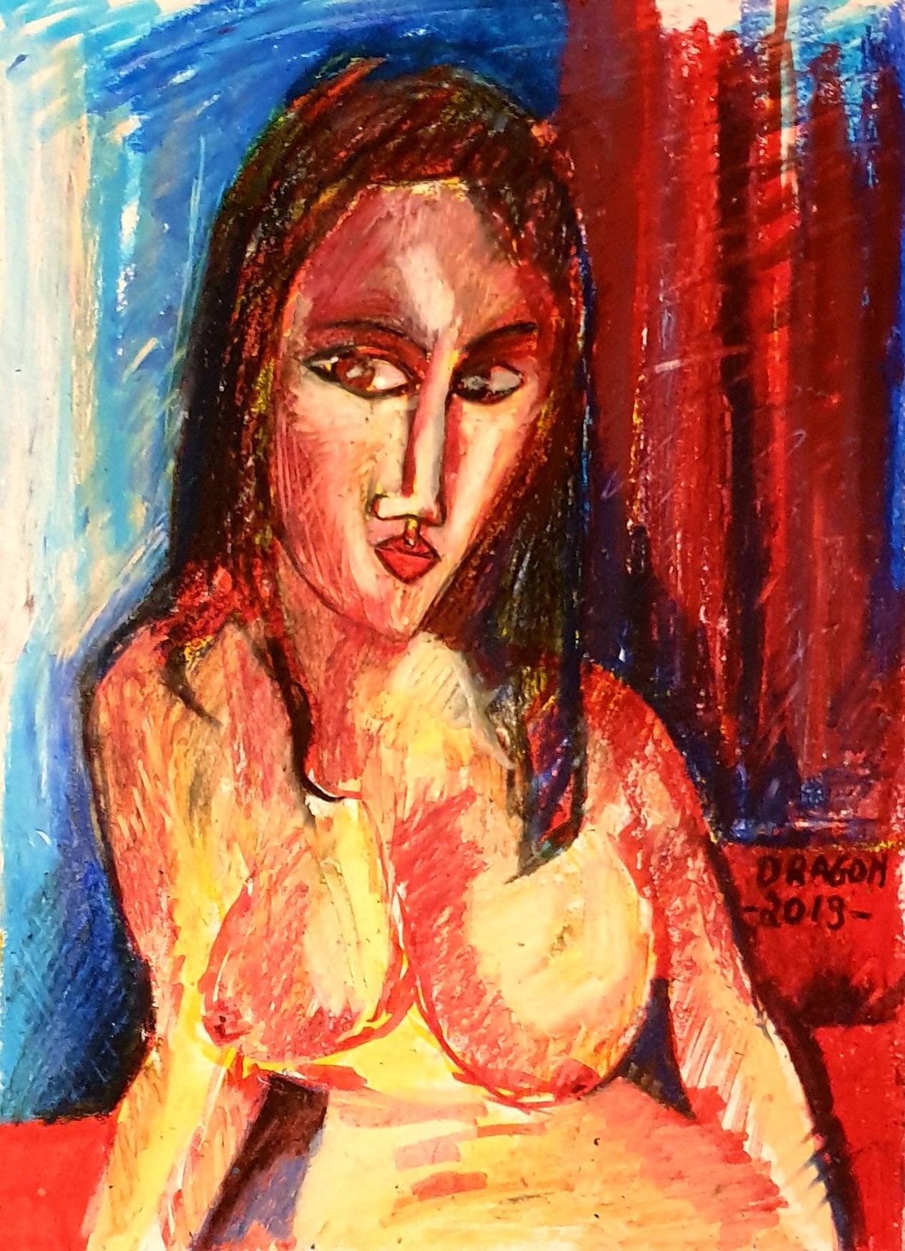 Femme nue aux cheveux longs et au visage en amande, pastel gras sur fond rouge et bleu, à la manière de Modigliani.

Visage étiré, nez long, yeux en amande : tout le vocabulaire de Modigliani est là, mais traduit en pastel gras saturé, rouge, bleu et jaune. Le buste nu, frontal, s'impose dans le cadre comme une icône.

À voir le vendredi 6 novembre 2026, de 18h à 22h, chez SELOSSE ART, 22 avenue Armand Huysmans, 1050 Ixelles — journée « Modigliani vs Selosse » du Parcours d'Artistes d'Ixelles. Entrée libre.

🎨 Jérôme Selosse sur DROPMUSE : https://dropmuse.art/artiste/jerome-selosse-artiste-numerique-dessinateur-bruxelles
🌐 Son site : https://www.selosse.art
📍 Parcours d'Artistes d'Ixelles 2026 : https://dropmuse.art/evenement/parcours-dartistes-dixelles-2026-ateliers-ouverts-creation-locale-ixelles-ixelles-bruxelles