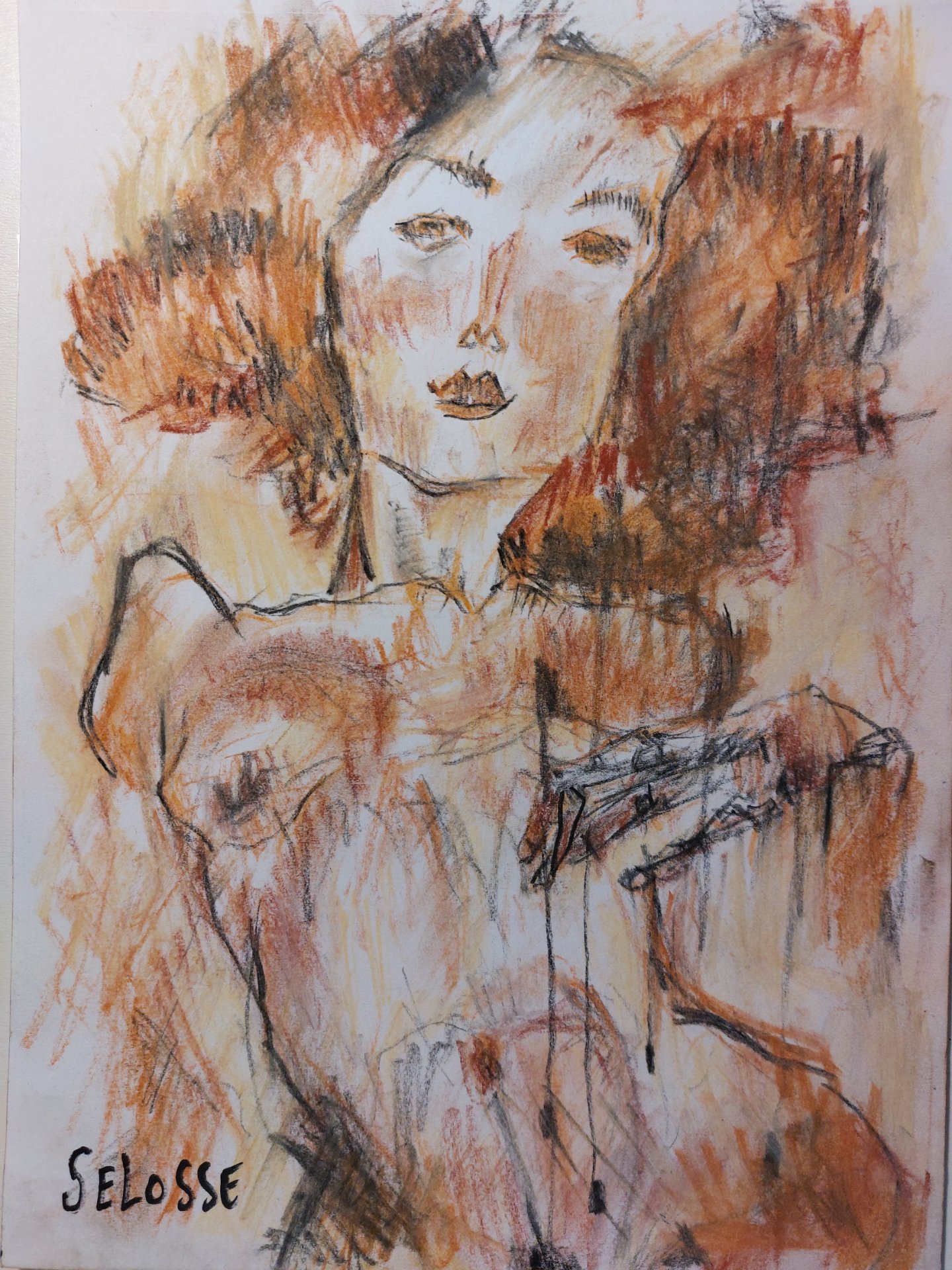 Femme à la chevelure rousse, mains croisées sur la poitrine, pastel brun et orangé signé Selosse.

Une chevelure rousse en buisson encadre un visage calme ; dessous, le corps se perd dans des hachures orangées et brunes, les mains croisées sur la poitrine. Le contraste entre la douceur du visage et l'agitation du trait fait toute la force du dessin.

À voir le samedi 7 novembre 2026, de 12h à 20h, chez SELOSSE ART, 22 avenue Armand Huysmans, 1050 Ixelles — journée « Schiele vs Selosse » du Parcours d'Artistes d'Ixelles. Entrée libre.

🎨 Jérôme Selosse sur DROPMUSE : https://dropmuse.art/artiste/jerome-selosse-artiste-numerique-dessinateur-bruxelles
🌐 Son site : https://www.selosse.art
📍 Parcours d'Artistes d'Ixelles 2026 : https://dropmuse.art/evenement/parcours-dartistes-dixelles-2026-ateliers-ouverts-creation-locale-ixelles-ixelles-bruxelles