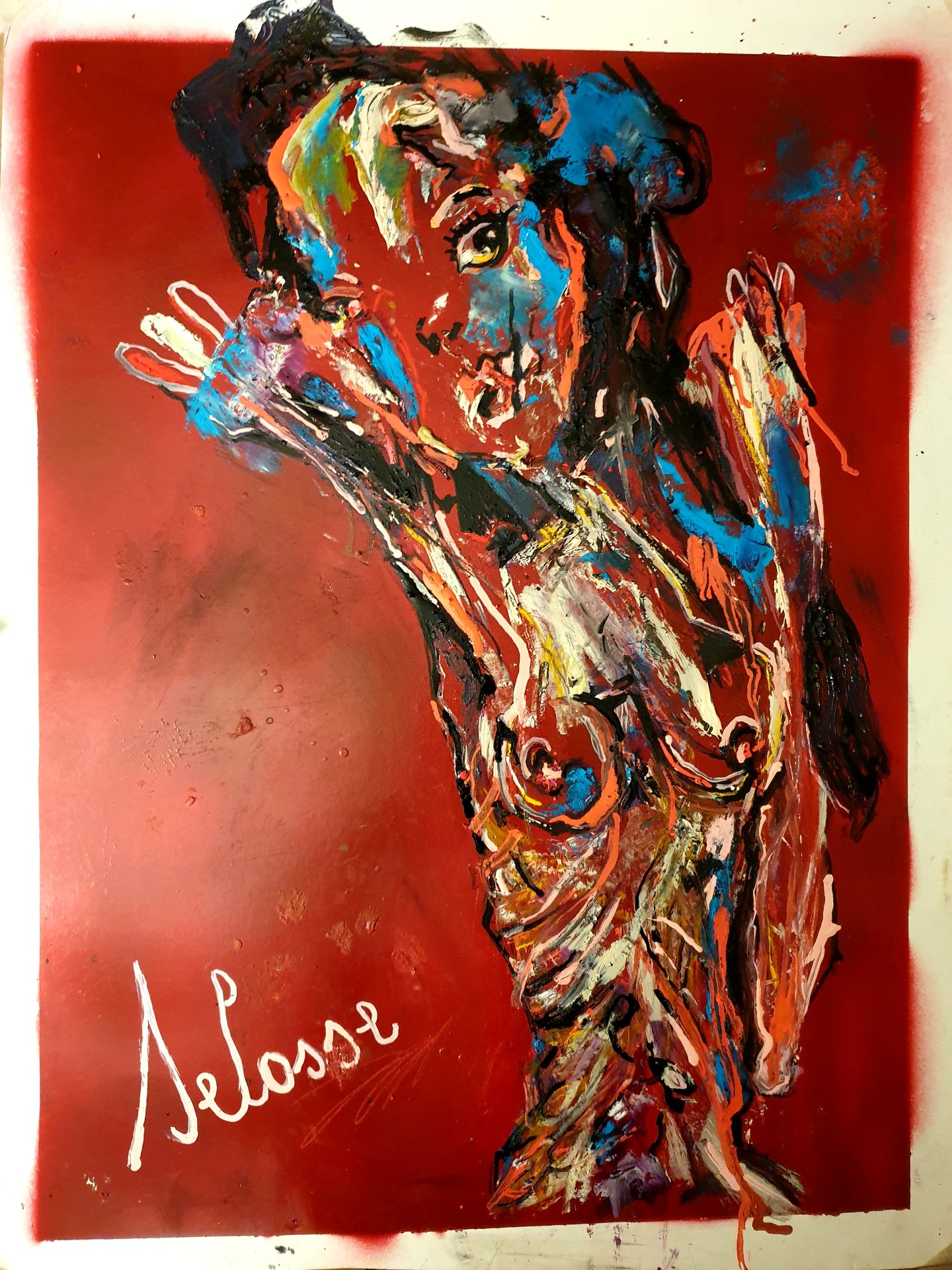 Figure dressée sur fond rouge, technique mixte — Nietzsche vs Selosse — Jérôme Selosse