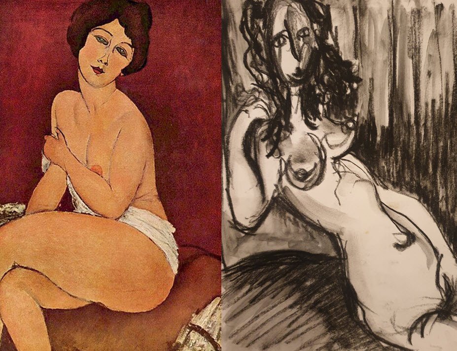 La Belle Romaine (1917) d'Amedeo Modigliani à côté de sa relecture au fusain par Jérôme Selosse.

L'un des nus assis les plus célèbres de Modigliani, à côté du dessin qu'il a inspiré. Le bras croisé sur la poitrine, la chevelure, l'inclinaison du buste se retrouvent, mais le noir du fusain remplace la peau dorée.

À voir le vendredi 6 novembre 2026, de 18h à 22h, chez SELOSSE ART, 22 avenue Armand Huysmans, 1050 Ixelles — journée « Modigliani vs Selosse » du Parcours d'Artistes d'Ixelles. Entrée libre.

🎨 Jérôme Selosse sur DROPMUSE : https://dropmuse.art/artiste/jerome-selosse-artiste-numerique-dessinateur-bruxelles
🌐 Son site : https://www.selosse.art
📍 Parcours d'Artistes d'Ixelles 2026 : https://dropmuse.art/evenement/parcours-dartistes-dixelles-2026-ateliers-ouverts-creation-locale-ixelles-ixelles-bruxelles