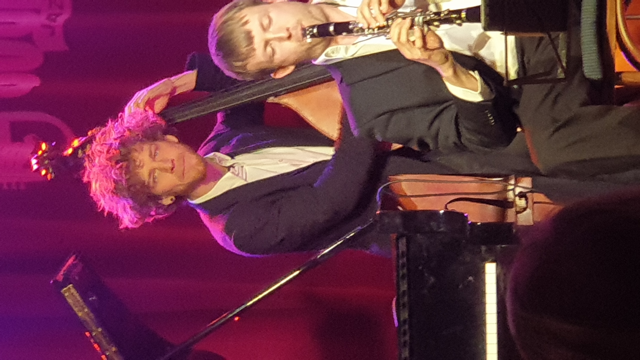 Groupe de musique jazz au Sounds Bruxelles. Deux musiciens sur scène sous éclairage rose et magenta : l'un à la contrebasse avec une perruque rose fluo, l'autre jouant de la clarinette, tous deux en costume noir et chemise blanche.