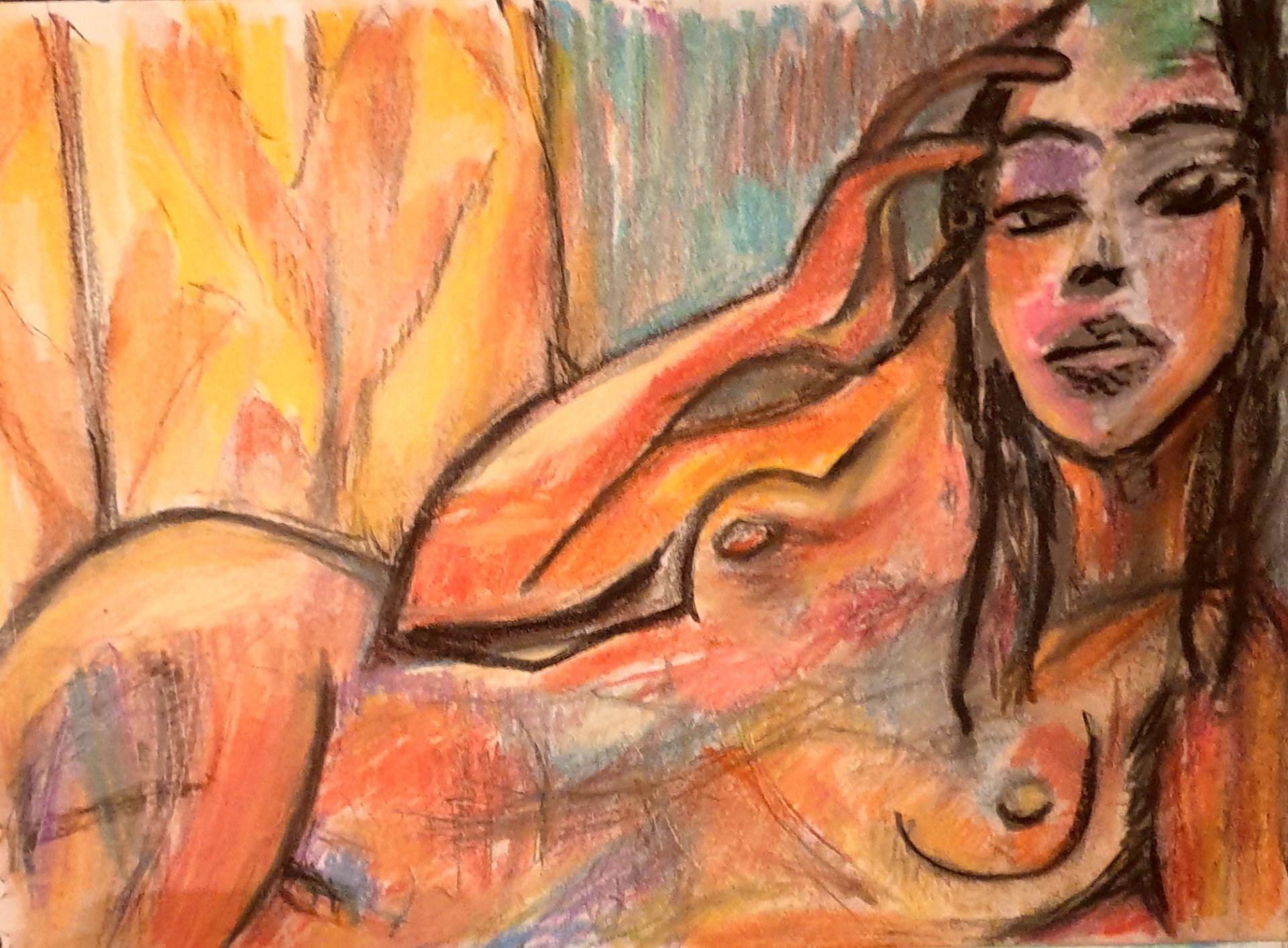 Nu alangui aux yeux mi-clos, main dans les cheveux, pastel orangé et rose de Jérôme Selosse.

Les yeux mi-clos, une main glissée dans la chevelure, la femme s'abandonne dans un décor de flammes orangées et roses. Le pastel est posé large et vibrant ; le visage, lui, garde la douceur ovale des modèles de Modigliani.

À voir le vendredi 6 novembre 2026, de 18h à 22h, chez SELOSSE ART, 22 avenue Armand Huysmans, 1050 Ixelles — journée « Modigliani vs Selosse » du Parcours d'Artistes d'Ixelles. Entrée libre.

🎨 Jérôme Selosse sur DROPMUSE : https://dropmuse.art/artiste/jerome-selosse-artiste-numerique-dessinateur-bruxelles
🌐 Son site : https://www.selosse.art
📍 Parcours d'Artistes d'Ixelles 2026 : https://dropmuse.art/evenement/parcours-dartistes-dixelles-2026-ateliers-ouverts-creation-locale-ixelles-ixelles-bruxelles