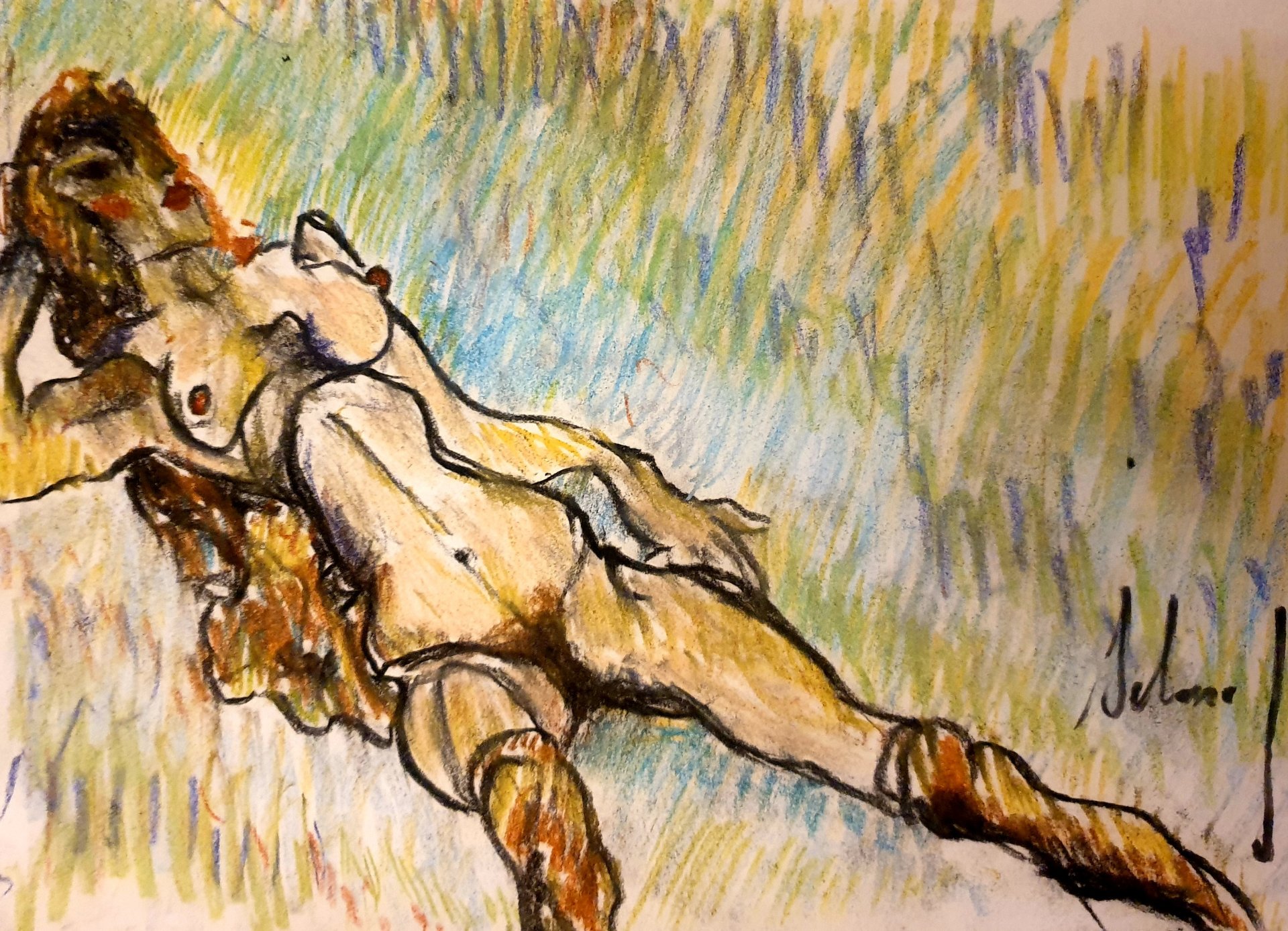 Nu allongé dans l'herbe, pastel vert, jaune et bleu de Jérôme Selosse au contour anguleux.

Étendue de tout son long, la tête rejetée, une femme repose sur un lit de traits verts, jaunes et bleus, comme une prairie. Le contour noir, anguleux aux genoux et aux coudes, rappelle la ligne cassée de Schiele.

À voir le samedi 7 novembre 2026, de 12h à 20h, chez SELOSSE ART, 22 avenue Armand Huysmans, 1050 Ixelles — journée « Schiele vs Selosse » du Parcours d'Artistes d'Ixelles. Entrée libre.

🎨 Jérôme Selosse sur DROPMUSE : https://dropmuse.art/artiste/jerome-selosse-artiste-numerique-dessinateur-bruxelles
🌐 Son site : https://www.selosse.art
📍 Parcours d'Artistes d'Ixelles 2026 : https://dropmuse.art/evenement/parcours-dartistes-dixelles-2026-ateliers-ouverts-creation-locale-ixelles-ixelles-bruxelles