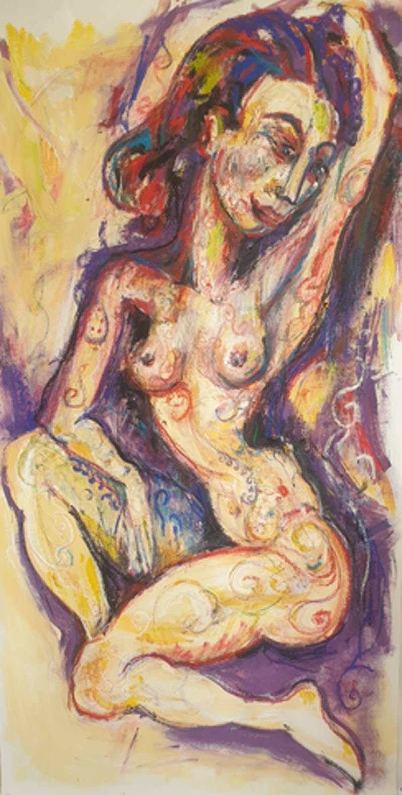 Nu assis aux bras levés, pastel violet et or de Jérôme Selosse, d'après les figures de Modigliani.

Bras repliés derrière la tête, jambes ramenées, la figure se tient dans un ovale de violet. Selosse reprend le visage en amande et le cou allongé de Modigliani, puis remplit le corps de spirales et de veines colorées, comme un tatouage de lumière.

À voir le vendredi 6 novembre 2026, de 18h à 22h, chez SELOSSE ART, 22 avenue Armand Huysmans, 1050 Ixelles — journée « Modigliani vs Selosse » du Parcours d'Artistes d'Ixelles. Entrée libre.

🎨 Jérôme Selosse sur DROPMUSE : https://dropmuse.art/artiste/jerome-selosse-artiste-numerique-dessinateur-bruxelles
🌐 Son site : https://www.selosse.art
📍 Parcours d'Artistes d'Ixelles 2026 : https://dropmuse.art/evenement/parcours-dartistes-dixelles-2026-ateliers-ouverts-creation-locale-ixelles-ixelles-bruxelles