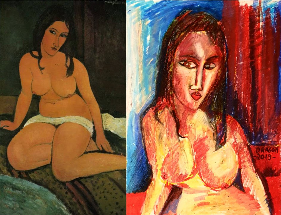 Un nu assis d'Amedeo Modigliani à côté du portrait au pastel saturé qui lui répond.

Le nu assis de Modigliani, drapé blanc sur les cuisses, fait face à un portrait au pastel de la même série : même chevelure sombre, même visage en amande, mais la couleur passe du brun doré au rouge et au bleu.

À voir le vendredi 6 novembre 2026, de 18h à 22h, chez SELOSSE ART, 22 avenue Armand Huysmans, 1050 Ixelles — journée « Modigliani vs Selosse » du Parcours d'Artistes d'Ixelles. Entrée libre.

🎨 Jérôme Selosse sur DROPMUSE : https://dropmuse.art/artiste/jerome-selosse-artiste-numerique-dessinateur-bruxelles
🌐 Son site : https://www.selosse.art
📍 Parcours d'Artistes d'Ixelles 2026 : https://dropmuse.art/evenement/parcours-dartistes-dixelles-2026-ateliers-ouverts-creation-locale-ixelles-ixelles-bruxelles