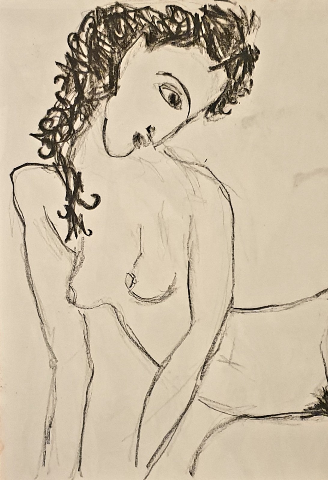 Nu assis à la tête inclinée, dessin au trait de fusain de Jérôme Selosse, en réponse à un nu de Modigliani.

Quelques lignes suffisent : la tête penchée, les boucles griffonnées, les bras qui descendent le long du corps. Le dessin garde la pudeur et la courbe du cou des modèles de Modigliani, et laisse le papier respirer.

À voir le vendredi 6 novembre 2026, de 18h à 22h, chez SELOSSE ART, 22 avenue Armand Huysmans, 1050 Ixelles — journée « Modigliani vs Selosse » du Parcours d'Artistes d'Ixelles. Entrée libre.

🎨 Jérôme Selosse sur DROPMUSE : https://dropmuse.art/artiste/jerome-selosse-artiste-numerique-dessinateur-bruxelles
🌐 Son site : https://www.selosse.art
📍 Parcours d'Artistes d'Ixelles 2026 : https://dropmuse.art/evenement/parcours-dartistes-dixelles-2026-ateliers-ouverts-creation-locale-ixelles-ixelles-bruxelles