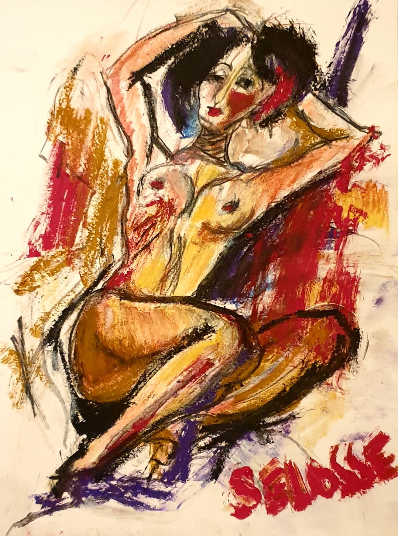 Nu aux bras levés au pastel gras rouge, ocre et violet, signé Selosse, en écho aux nus de Modigliani.

Le corps se construit en grands aplats ocre cernés de noir, sur un fond de traits rouges et violets jetés à vif. La pose, bras croisés au-dessus de la tête, vient des nus de Modigliani ; le geste, rapide et frontal, est celui de Selosse, dont la signature rouge occupe le bas de la feuille.

À voir le vendredi 6 novembre 2026, de 18h à 22h, chez SELOSSE ART, 22 avenue Armand Huysmans, 1050 Ixelles — journée « Modigliani vs Selosse » du Parcours d'Artistes d'Ixelles. Entrée libre.

🎨 Jérôme Selosse sur DROPMUSE : https://dropmuse.art/artiste/jerome-selosse-artiste-numerique-dessinateur-bruxelles
🌐 Son site : https://www.selosse.art
📍 Parcours d'Artistes d'Ixelles 2026 : https://dropmuse.art/evenement/parcours-dartistes-dixelles-2026-ateliers-ouverts-creation-locale-ixelles-ixelles-bruxelles