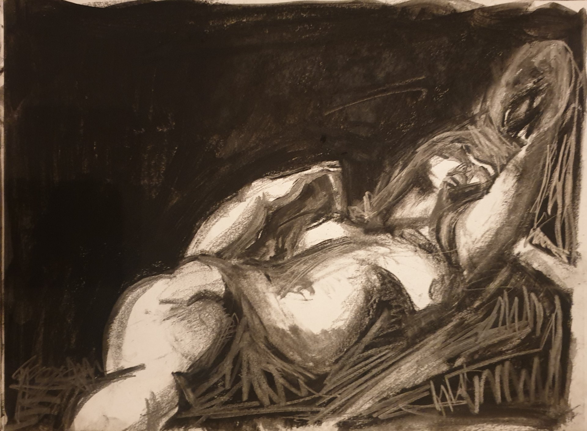 Nu couché au fusain en clair-obscur, bras derrière la tête, par Jérôme Selosse.

Sur un fond noir frotté au fusain, le corps surgit en clair, bras relevés derrière la tête. Le dessin joue le contraste : la lumière vient du papier lui-même, laissé en réserve, tandis que les ombres s'accumulent en couches serrées.

À voir le vendredi 6 novembre 2026, de 18h à 22h, chez SELOSSE ART, 22 avenue Armand Huysmans, 1050 Ixelles — journée « Modigliani vs Selosse » du Parcours d'Artistes d'Ixelles. Entrée libre.

🎨 Jérôme Selosse sur DROPMUSE : https://dropmuse.art/artiste/jerome-selosse-artiste-numerique-dessinateur-bruxelles
🌐 Son site : https://www.selosse.art
📍 Parcours d'Artistes d'Ixelles 2026 : https://dropmuse.art/evenement/parcours-dartistes-dixelles-2026-ateliers-ouverts-creation-locale-ixelles-ixelles-bruxelles