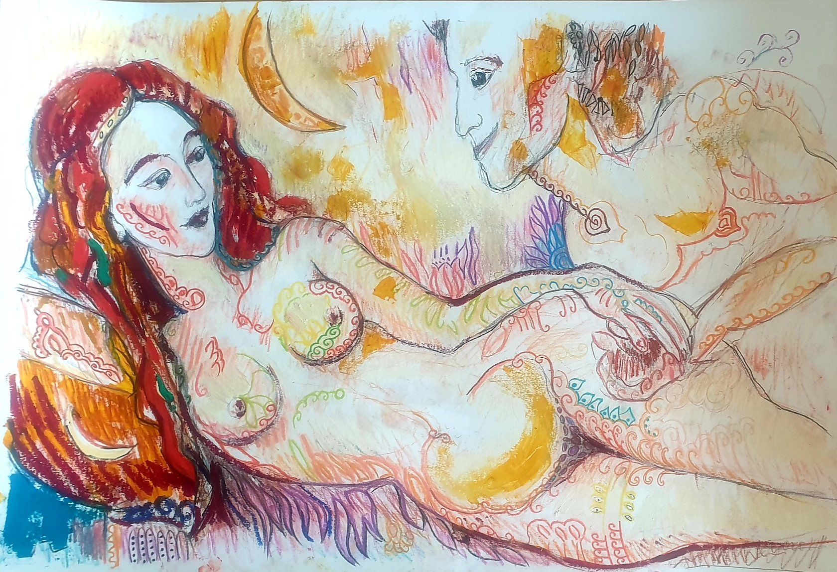 Nu couché aux cheveux roux et croissants de lune, dessin au pastel de Jérôme Selosse en dialogue avec Modigliani.

La femme allongée reprend la pose des grands nus de Modigliani, mais son corps se couvre d'arabesques et de volutes colorées ; derrière elle, un visage d'homme veille, presque rêveur. Le dessin glisse du modèle à la fable, entre orange, jaune et rouge.

À voir le vendredi 6 novembre 2026, de 18h à 22h, chez SELOSSE ART, 22 avenue Armand Huysmans, 1050 Ixelles — journée « Modigliani vs Selosse » du Parcours d'Artistes d'Ixelles. Entrée libre.

🎨 Jérôme Selosse sur DROPMUSE : https://dropmuse.art/artiste/jerome-selosse-artiste-numerique-dessinateur-bruxelles
🌐 Son site : https://www.selosse.art
📍 Parcours d'Artistes d'Ixelles 2026 : https://dropmuse.art/evenement/parcours-dartistes-dixelles-2026-ateliers-ouverts-creation-locale-ixelles-ixelles-bruxelles