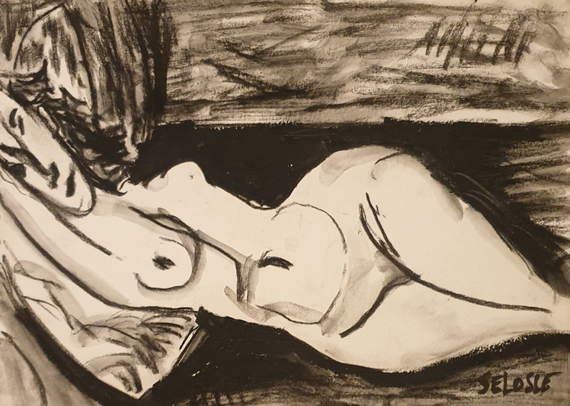Nu couché réservé en blanc sur un lavis noir, dessin signé Selosse.

Le corps est laissé en blanc, cerné par un lavis noir qui l'enveloppe. Pose de trois-quarts, bras sous la tête, ligne continue du dos à la cuisse : la grande courbe du nu couché, réduite à l'essentiel du noir et du blanc.

À voir le vendredi 6 novembre 2026, de 18h à 22h, chez SELOSSE ART, 22 avenue Armand Huysmans, 1050 Ixelles — journée « Modigliani vs Selosse » du Parcours d'Artistes d'Ixelles. Entrée libre.

🎨 Jérôme Selosse sur DROPMUSE : https://dropmuse.art/artiste/jerome-selosse-artiste-numerique-dessinateur-bruxelles
🌐 Son site : https://www.selosse.art
📍 Parcours d'Artistes d'Ixelles 2026 : https://dropmuse.art/evenement/parcours-dartistes-dixelles-2026-ateliers-ouverts-creation-locale-ixelles-ixelles-bruxelles