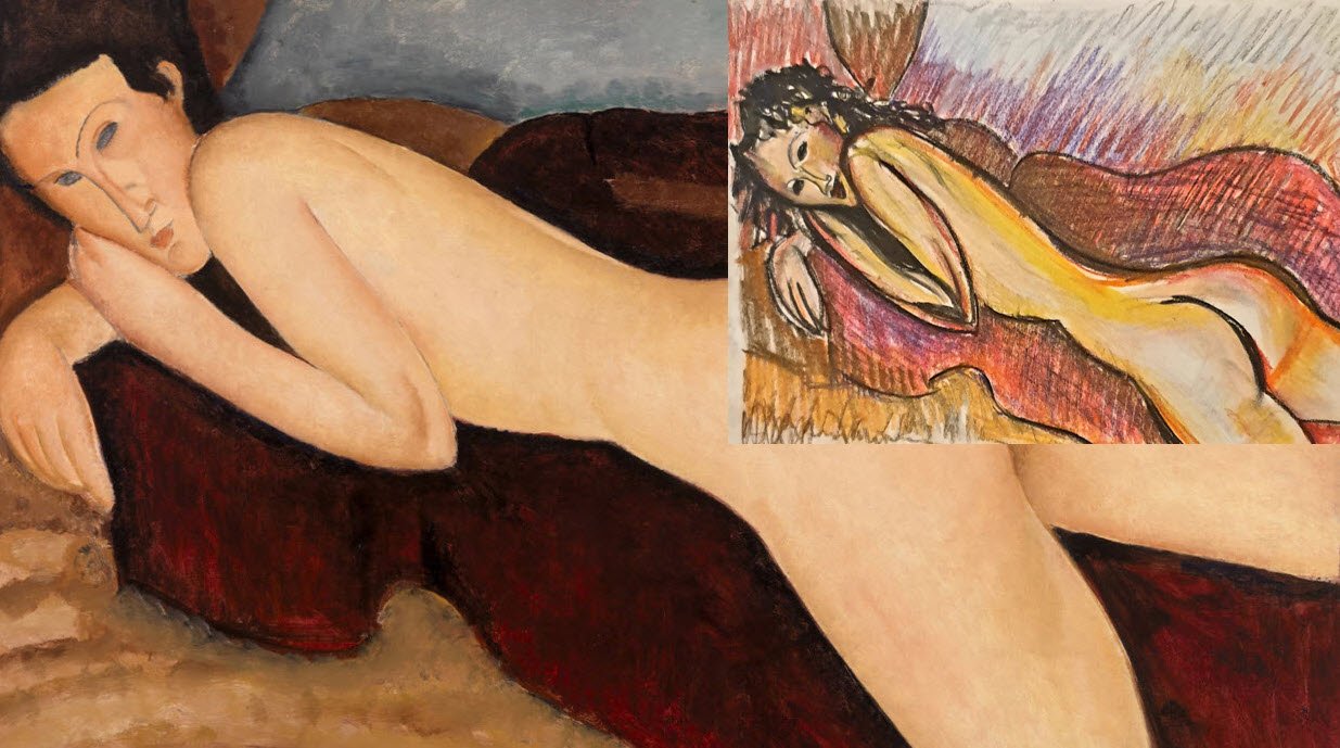 Un nu couché d'Amedeo Modigliani à côté de sa relecture au pastel par Jérôme Selosse.

À gauche, le tableau de Modigliani, corps lisse et pâle sur un divan sombre ; à droite, la réponse de Selosse, même pose, au pastel hachuré de roses et de mauves. Le face-à-face montre ce que l'artiste garde, la ligne et la tête posée sur le bras, et ce qu'il change : la vibration de la couleur.

À voir le vendredi 6 novembre 2026, de 18h à 22h, chez SELOSSE ART, 22 avenue Armand Huysmans, 1050 Ixelles — journée « Modigliani vs Selosse » du Parcours d'Artistes d'Ixelles. Entrée libre.

🎨 Jérôme Selosse sur DROPMUSE : https://dropmuse.art/artiste/jerome-selosse-artiste-numerique-dessinateur-bruxelles
🌐 Son site : https://www.selosse.art
📍 Parcours d'Artistes d'Ixelles 2026 : https://dropmuse.art/evenement/parcours-dartistes-dixelles-2026-ateliers-ouverts-creation-locale-ixelles-ixelles-bruxelles