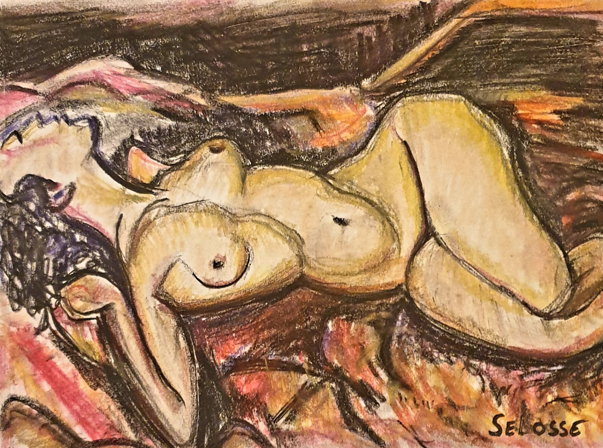 Nu couché doré, bras derrière la tête, pastel gras signé Selosse sur fond rouge et violet.

Corps doré, rondeurs soulignées de noir, bras replié sous la tête : la figure occupe toute la feuille, posée sur un lit de rouges et de violets. Le pastel gras y est travaillé en couches, jusqu'à donner au dessin la densité d'une peinture.

À voir le vendredi 6 novembre 2026, de 18h à 22h, chez SELOSSE ART, 22 avenue Armand Huysmans, 1050 Ixelles — journée « Modigliani vs Selosse » du Parcours d'Artistes d'Ixelles. Entrée libre.

🎨 Jérôme Selosse sur DROPMUSE : https://dropmuse.art/artiste/jerome-selosse-artiste-numerique-dessinateur-bruxelles
🌐 Son site : https://www.selosse.art
📍 Parcours d'Artistes d'Ixelles 2026 : https://dropmuse.art/evenement/parcours-dartistes-dixelles-2026-ateliers-ouverts-creation-locale-ixelles-ixelles-bruxelles