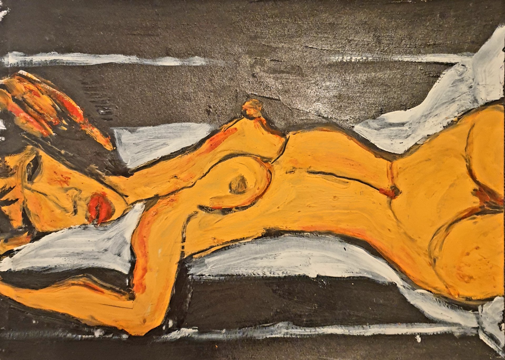 Nu couché ocre sur fond noir, pastel gras de Jérôme Selosse inspiré des grands nus couchés de Modigliani.

Un corps ocre, cerné d'un trait sombre, s'étire sur toute la largeur de la feuille entre des drapés blancs et un fond noir. C'est la grande diagonale des nus couchés de Modigliani, reprise en pastel dense, presque peint, où la couleur chaude éclate contre l'obscurité.

À voir le vendredi 6 novembre 2026, de 18h à 22h, chez SELOSSE ART, 22 avenue Armand Huysmans, 1050 Ixelles — journée « Modigliani vs Selosse » du Parcours d'Artistes d'Ixelles. Entrée libre.

🎨 Jérôme Selosse sur DROPMUSE : https://dropmuse.art/artiste/jerome-selosse-artiste-numerique-dessinateur-bruxelles
🌐 Son site : https://www.selosse.art
📍 Parcours d'Artistes d'Ixelles 2026 : https://dropmuse.art/evenement/parcours-dartistes-dixelles-2026-ateliers-ouverts-creation-locale-ixelles-ixelles-bruxelles
