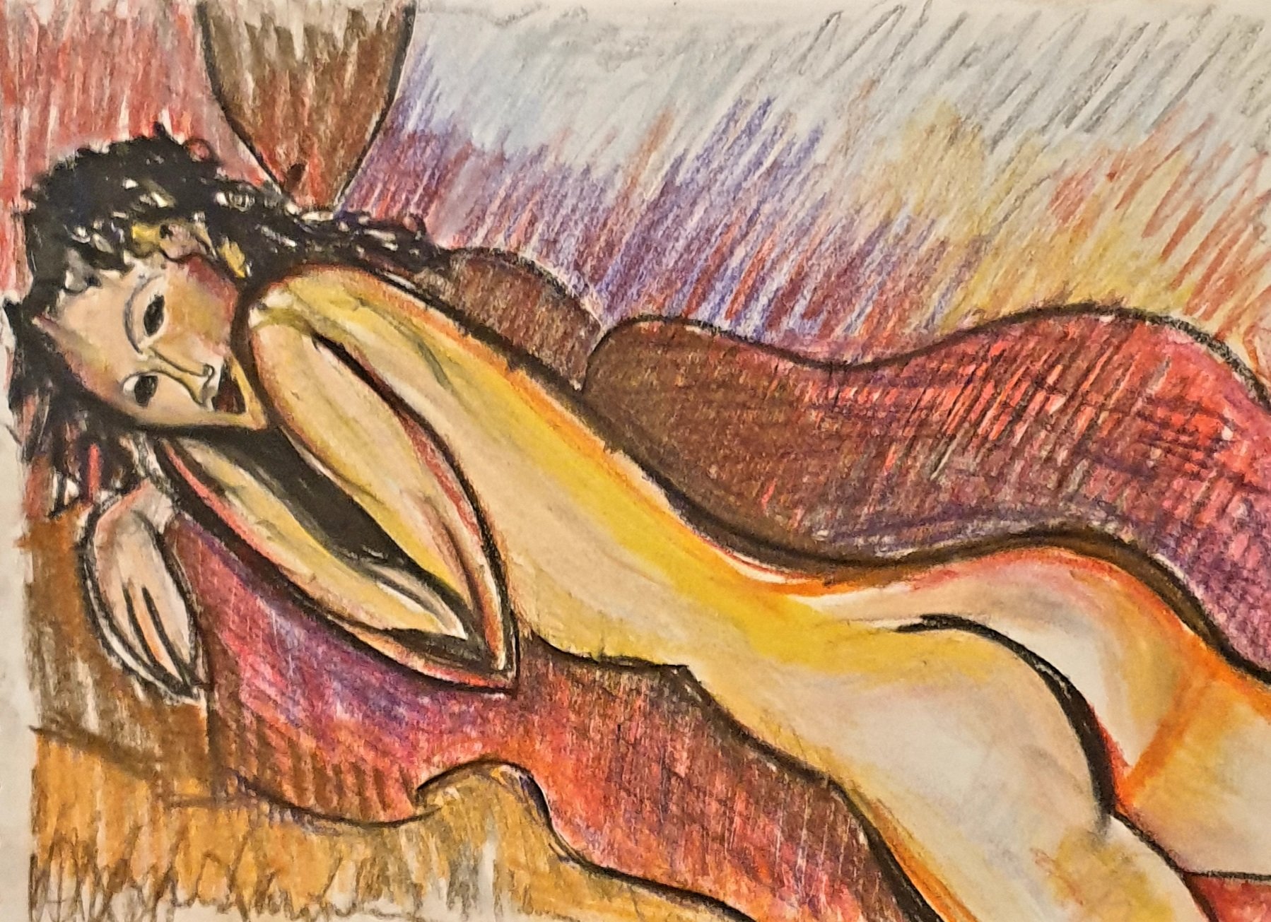 Nu couché sur un divan pourpre, pastel hachuré rose et mauve de Jérôme Selosse, en écho à un nu de Modigliani.

La femme, tête posée sur ses bras, s'allonge sur un divan pourpre ; tout autour, le pastel est posé en fines hachures roses, mauves et jaunes. Le dessin est présenté en vis-à-vis du tableau de Modigliani qui l'a inspiré.

À voir le vendredi 6 novembre 2026, de 18h à 22h, chez SELOSSE ART, 22 avenue Armand Huysmans, 1050 Ixelles — journée « Modigliani vs Selosse » du Parcours d'Artistes d'Ixelles. Entrée libre.

🎨 Jérôme Selosse sur DROPMUSE : https://dropmuse.art/artiste/jerome-selosse-artiste-numerique-dessinateur-bruxelles
🌐 Son site : https://www.selosse.art
📍 Parcours d'Artistes d'Ixelles 2026 : https://dropmuse.art/evenement/parcours-dartistes-dixelles-2026-ateliers-ouverts-creation-locale-ixelles-ixelles-bruxelles