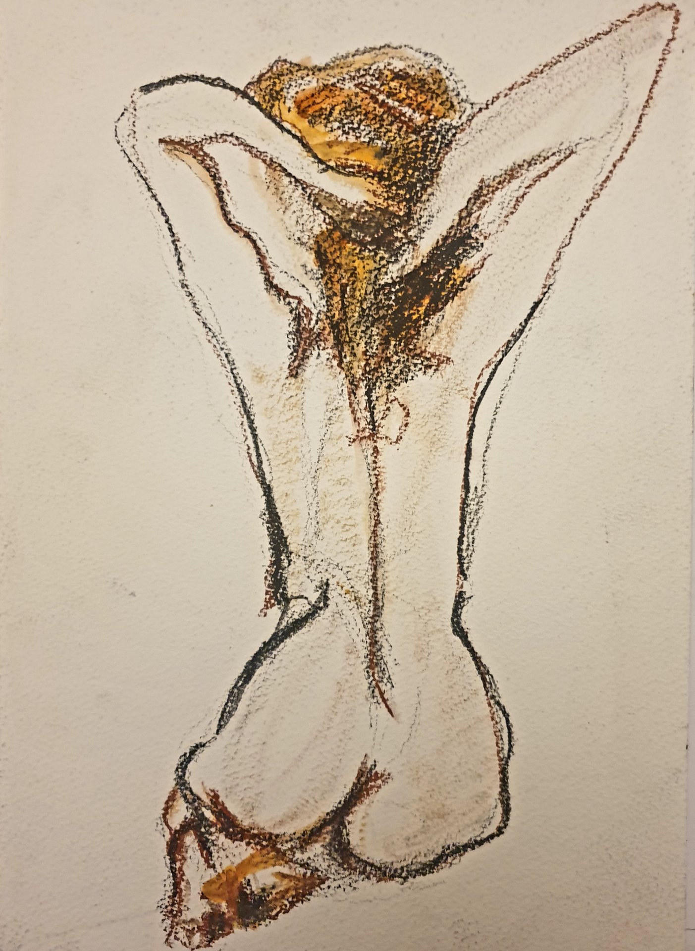 Nu féminin de dos aux bras levés, fusain et pastel orangé de Jérôme Selosse, dans l'esprit d'Egon Schiele.

Vue de dos, bras repliés au-dessus de la tête, la figure se réduit à un contour noir et à une chevelure orangée. Les épaules anguleuses et la tension des bras rappellent les nus de Schiele, où le corps se cambre sous la ligne.

À voir le samedi 7 novembre 2026, de 12h à 20h, chez SELOSSE ART, 22 avenue Armand Huysmans, 1050 Ixelles — journée « Schiele vs Selosse » du Parcours d'Artistes d'Ixelles. Entrée libre.

🎨 Jérôme Selosse sur DROPMUSE : https://dropmuse.art/artiste/jerome-selosse-artiste-numerique-dessinateur-bruxelles
🌐 Son site : https://www.selosse.art
📍 Parcours d'Artistes d'Ixelles 2026 : https://dropmuse.art/evenement/parcours-dartistes-dixelles-2026-ateliers-ouverts-creation-locale-ixelles-ixelles-bruxelles