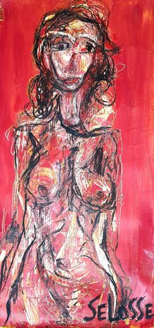 Nu féminin debout sur fond rouge vif, technique mixte de Jérôme Selosse.

Sur un fond rouge vif, la figure se tient de face, le visage en masque, le corps traversé de lignes noires, blanches et jaunes. Le trait gratte la couleur plus qu'il ne la recouvre : un nu frontal, sans complaisance.

À voir le samedi 7 novembre 2026, de 12h à 20h, chez SELOSSE ART, 22 avenue Armand Huysmans, 1050 Ixelles — journée « Schiele vs Selosse » du Parcours d'Artistes d'Ixelles. Entrée libre.

🎨 Jérôme Selosse sur DROPMUSE : https://dropmuse.art/artiste/jerome-selosse-artiste-numerique-dessinateur-bruxelles
🌐 Son site : https://www.selosse.art
📍 Parcours d'Artistes d'Ixelles 2026 : https://dropmuse.art/evenement/parcours-dartistes-dixelles-2026-ateliers-ouverts-creation-locale-ixelles-ixelles-bruxelles