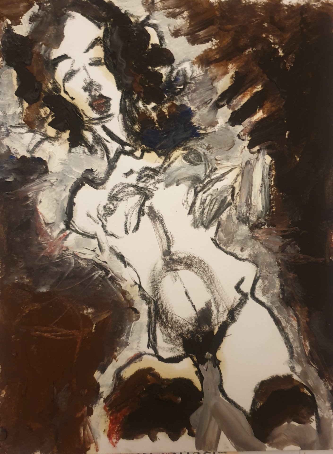 Nu à la tête renversée en noirs, bruns et blancs, technique mixte de Jérôme Selosse.

La tête rejetée en arrière, la figure s'offre dans un tourbillon de noirs, de bruns et de blancs posés en larges touches. Le bas du corps plonge dans l'ombre : Selosse fait du nu un contraste graphique violent, à la manière des corps tendus de Schiele.

À voir le samedi 7 novembre 2026, de 12h à 20h, chez SELOSSE ART, 22 avenue Armand Huysmans, 1050 Ixelles — journée « Schiele vs Selosse » du Parcours d'Artistes d'Ixelles. Entrée libre.

🎨 Jérôme Selosse sur DROPMUSE : https://dropmuse.art/artiste/jerome-selosse-artiste-numerique-dessinateur-bruxelles
🌐 Son site : https://www.selosse.art
📍 Parcours d'Artistes d'Ixelles 2026 : https://dropmuse.art/evenement/parcours-dartistes-dixelles-2026-ateliers-ouverts-creation-locale-ixelles-ixelles-bruxelles