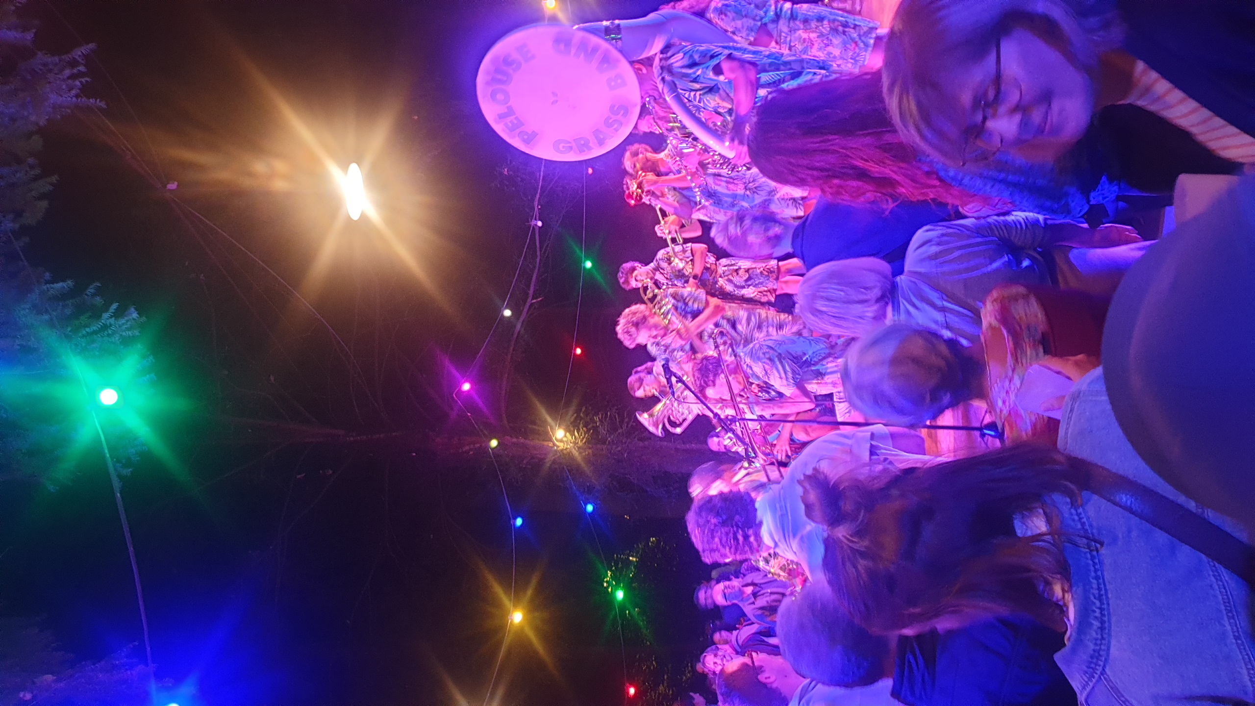 Vue depuis le public l'orchestre Pelouse Grass Band jouant en plein air la nuit, entouré de guirlandes lumineuses multicolores et d'arbres, avec des musiciens aux instruments à vent et des spectateurs au premier plan éclairés par les projecteurs colorés. Bois de la Cambre.